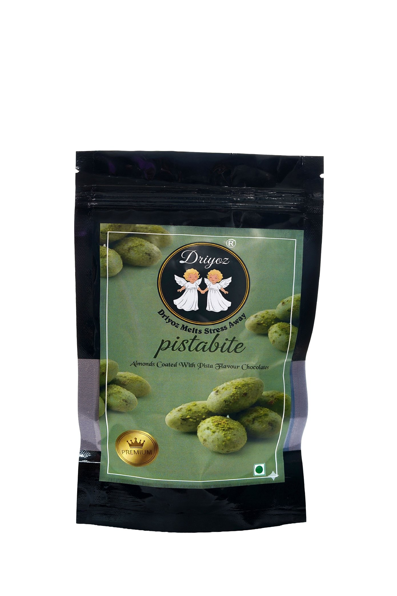 DRIYOZ Pistabite Premium Almonds Coated with Rich Pista Flavour Chocolate Crunchy Nutty Granules Food Essence (250 g)