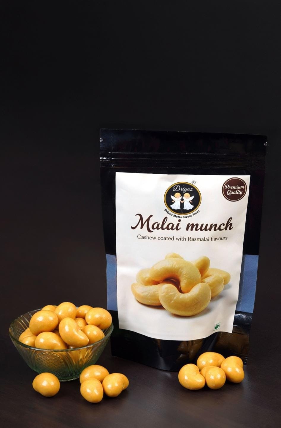 DRIYOZ Malai Munch – Premium Cashews Coated with Rasmalai Flavour Granules Food Essence (250 g)